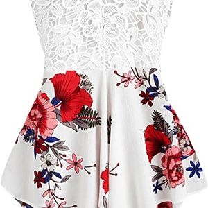 SheIn Women's Boho Crochet V Neck Halter Backless Floral Lace Romper Jumpsuit